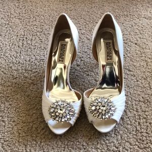 Badgley Mischka white heels with rhinestone decor